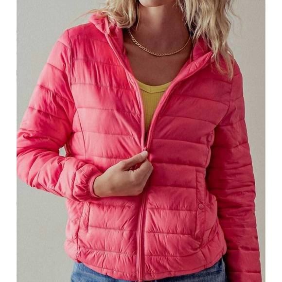 NEW TREND:NOTES hooded zip up quilted puff jacket in pink - Picture 1 of 2